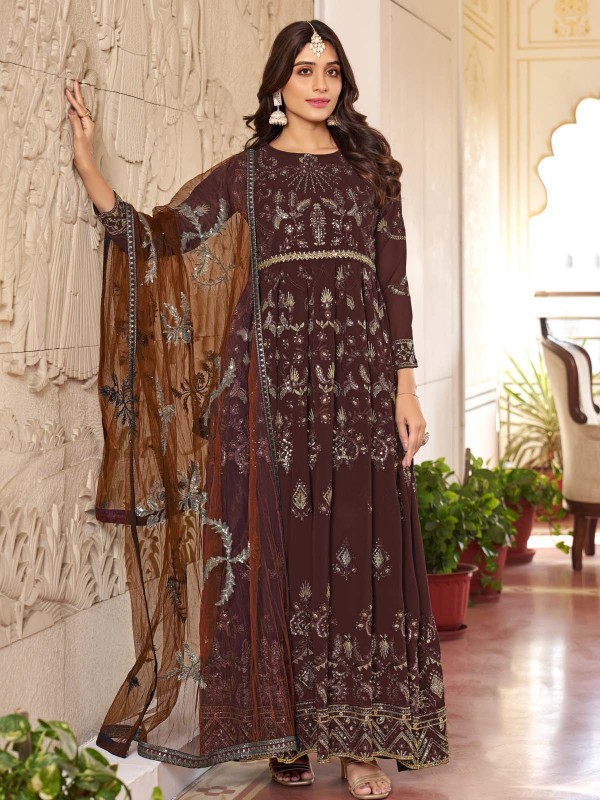 Dark Coffee Faux Georgette Designer Salwar Kameez